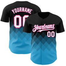 Load image into Gallery viewer, Custom Black White Sky Blue-Pink 3D Gradient Square Shape Authentic Baseball Jersey