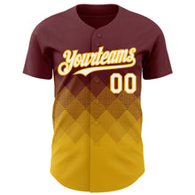 Load image into Gallery viewer, Custom Burgundy White-Gold 3D Gradient Square Shape Authentic Baseball Jersey