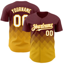 Load image into Gallery viewer, Custom Burgundy White-Gold 3D Gradient Square Shape Authentic Baseball Jersey