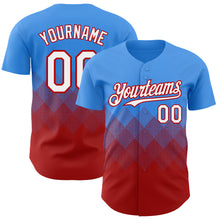 Load image into Gallery viewer, Custom Electric Blue White-Red 3D Gradient Square Shape Authentic Baseball Jersey