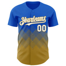 Laden Sie das Bild in den Galerie-Viewer, Custom Thunder Blue White-Old Gold 3D Gradient Square Shape Authentic Baseball Jersey