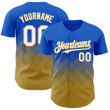Laden Sie das Bild in den Galerie-Viewer, Custom Thunder Blue White-Old Gold 3D Gradient Square Shape Authentic Baseball Jersey