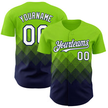 Charger l'image dans la galerie, Custom Neon Green White-Navy 3D Gradient Square Shape Authentic Baseball Jersey