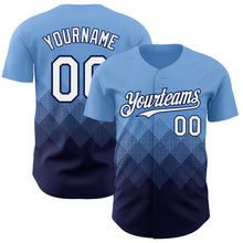 Load image into Gallery viewer, Custom Light Blue White-Navy 3D Gradient Square Shape Authentic Baseball Jersey