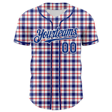 Custom White Royal-Red 3D Pattern Design Patriotic American Symbol Plaid Authentic Baseball Jersey