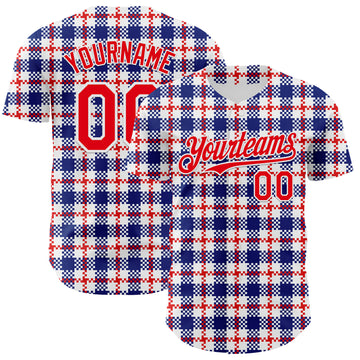 Custom White Fire Red-Royal 3D Pattern Design Patriotic American Symbol Plaid Authentic Baseball Jersey