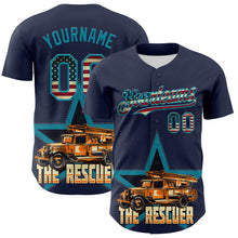 Load image into Gallery viewer, Custom Navy Vintage USA Flag-Teal 3D Patriotic American Symbol Fire Truck Authentic Baseball Jersey