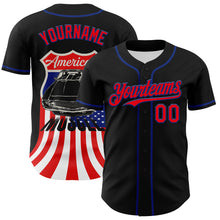 Load image into Gallery viewer, Custom Black Fire Red-Royal 3D Patriotic American Flag And Muscle Car Authentic Baseball Jersey
