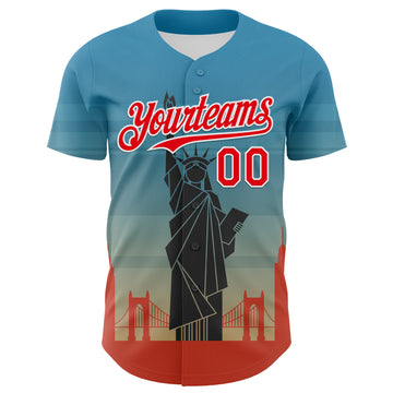 Custom Blue Fire Red-White 3D Pattern Design Patriotic American Symbol Golden Gate Bridge And Statue of Liberty Authentic Baseball Jersey