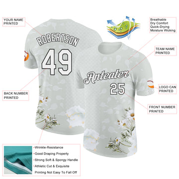 Custom Gray White-Black 3D Pickleball Paddles Balls Floral Performance T-Shirt