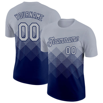 Custom Gray Navy 3D Pattern Design Gradient Square Shapes Performance T-Shirt
