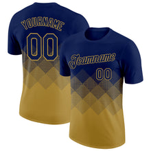 Load image into Gallery viewer, Custom Navy Old Gold 3D Pattern Design Gradient Square Shapes Performance T-Shirt