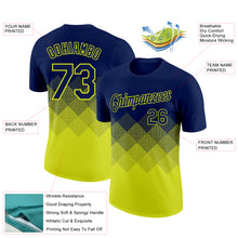 Load image into Gallery viewer, Custom Navy Neon Yellow 3D Pattern Design Gradient Square Shapes Performance T-Shirt