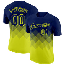 Load image into Gallery viewer, Custom Navy Neon Yellow 3D Pattern Design Gradient Square Shapes Performance T-Shirt