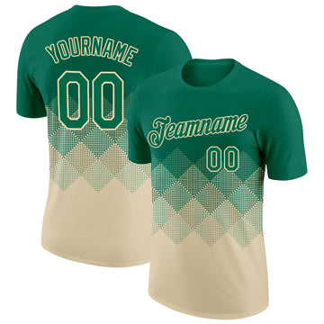 Custom Kelly Green Cream 3D Pattern Design Gradient Square Shapes Performance T-Shirt