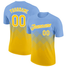Load image into Gallery viewer, Custom Light Blue Yellow-White 3D Pattern Design Gradient Square Shapes Performance T-Shirt