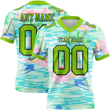 Load image into Gallery viewer, Custom Lakes Blue Neon Green-Navy 3D Pattern Beach Hawaii Palm Trees And Flamingo Authentic Football Jersey