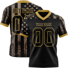 Load image into Gallery viewer, Custom Black Old Gold 3D Pattern American Flag Authentic Football Jersey