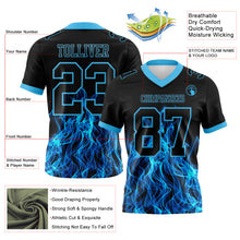 Load image into Gallery viewer, Custom Black Sky Blue 3D Pattern Flame Authentic Football Jersey