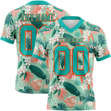 Load image into Gallery viewer, Custom Teal Orange 3D Pattern Hawaii Palm Leaves And Flowers Authentic Football Jersey