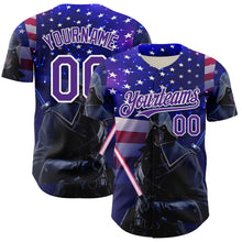 Загрузить изображение в средство просмотра галереи, Custom Blue Purple-White 3D Pattern Design Outer Space Light Swords American Flag Authentic Baseball Jersey