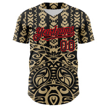 Load image into Gallery viewer, Custom Black Vegas Gold-Fire Red 3D Polynesian Style Islander Authentic Baseball Jersey
