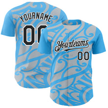 Загрузить изображение в средство просмотра галереи, Custom Sky Blue Black Silver-White 3D Polynesian Style Islander Authentic Baseball Jersey