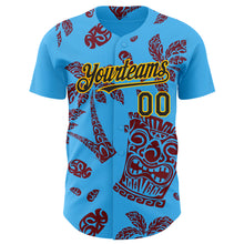 Загрузить изображение в средство просмотра галереи, Custom Sky Blue Black Crimson-Gold 3D Polynesian Style Tiki Culture Islander Authentic Baseball Jersey