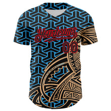 Загрузить изображение в средство просмотра галереи, Custom Black Sky Blue Old Gold-Fire Red 3D Polynesian Style Islander Authentic Baseball Jersey