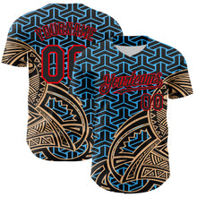 Загрузить изображение в средство просмотра галереи, Custom Black Sky Blue Old Gold-Fire Red 3D Polynesian Style Islander Authentic Baseball Jersey