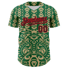 Загрузить изображение в средство просмотра галереи, Custom Kelly Green Black Vegas Gold-Fire Red 3D Polynesian Style Islander Authentic Baseball Jersey