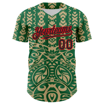 Custom Kelly Green Black Vegas Gold-Fire Red 3D Polynesian Style Islander Authentic Baseball Jersey