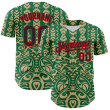 Загрузить изображение в средство просмотра галереи, Custom Kelly Green Black Vegas Gold-Fire Red 3D Polynesian Style Islander Authentic Baseball Jersey