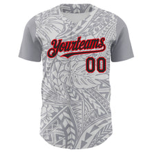 Загрузить изображение в средство просмотра галереи, Custom Gray Black White-Fire Red 3D Polynesian Style Palm Leaves Islander Authentic Baseball Jersey