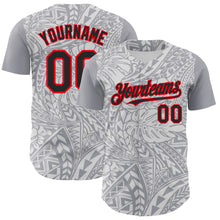 Загрузить изображение в средство просмотра галереи, Custom Gray Black White-Fire Red 3D Polynesian Style Palm Leaves Islander Authentic Baseball Jersey