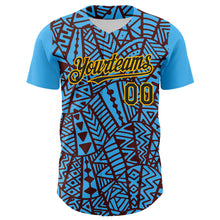 Загрузить изображение в средство просмотра галереи, Custom Sky Blue Black Brown-Gold 3D Polynesian Style Islander Authentic Baseball Jersey