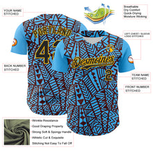Загрузить изображение в средство просмотра галереи, Custom Sky Blue Black Brown-Gold 3D Polynesian Style Islander Authentic Baseball Jersey