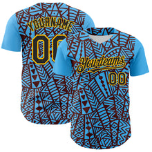 Загрузить изображение в средство просмотра галереи, Custom Sky Blue Black Brown-Gold 3D Polynesian Style Islander Authentic Baseball Jersey