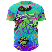 Загрузить изображение в средство просмотра галереи, Custom Blue Pea Green-Purple 3D Pattern Design Trippy Magic Mushrooms Pentacle Authentic Baseball Jersey