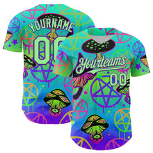 Загрузить изображение в средство просмотра галереи, Custom Blue Pea Green-Purple 3D Pattern Design Trippy Magic Mushrooms Pentacle Authentic Baseball Jersey