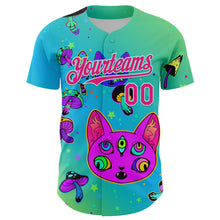 Загрузить изображение в средство просмотра галереи, Custom Green Hot Pink-Ice Blue 3D Pattern Design Trippy Magic Mushrooms Cats Authentic Baseball Jersey