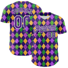 Загрузить изображение в средство просмотра галереи, Custom Purple White 3D Pattern Design Mardi Gras Shrove Tuesday Authentic Baseball Jersey