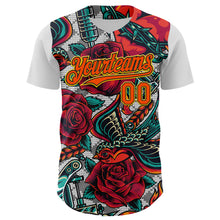Load image into Gallery viewer, Custom White Orange Black-Yellow 3D Pattern Design Rave Party Roses Vintage Tattoos Authentic Baseball Jersey