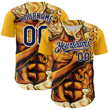 Загрузить изображение в средство просмотра галереи, Custom Gold Navy-White 3D Pattern Design Burner Costumes Flame Authentic Baseball Jersey