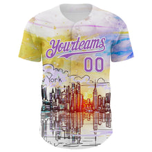Load image into Gallery viewer, Custom White Medium Purple 3D Pattern Design New York Cityscape Sunrise Authentic Baseball Jersey
