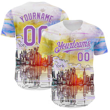 Load image into Gallery viewer, Custom White Medium Purple 3D Pattern Design New York Cityscape Sunrise Authentic Baseball Jersey
