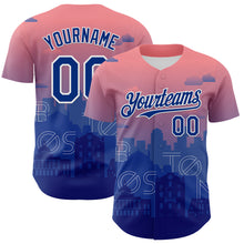 Load image into Gallery viewer, Custom Pink Royal Blue-White 3D Pattern Design Boston Cityscape Sunset Authentic Baseball Jersey