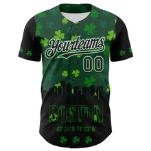 Laden Sie das Bild in den Galerie-Viewer, Custom Black White-Grass Green 3D Pattern Design Boston Cityscape Shamrock Authentic St. Patrick's Day Baseball Jersey