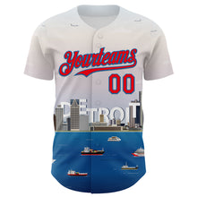 Загрузить изображение в средство просмотра галереи, Custom White Fire Red-Blue 3D Pattern Design Detroit Cityscape Skyline Authentic Baseball Jersey