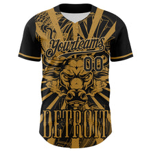 Load image into Gallery viewer, Custom Black Old Gold 3D Pattern Design Detroit Cityscape Steampunk Engine Bull Authentic Baseball Jersey